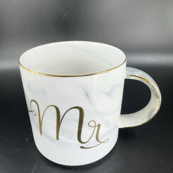 Mr & Mrs Coffee Mug Cup Set Ceramic Marble Coloring Gold Edges Wedding Gift Mugs - Picture 11 of 13